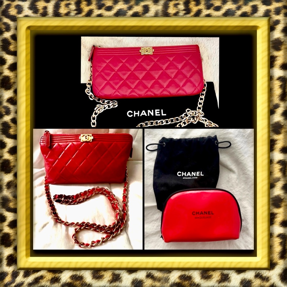 👑✅PRICE FIRM✅AUTHENTIC CHANEL Quilted Boy Red & Pink Clutch Set